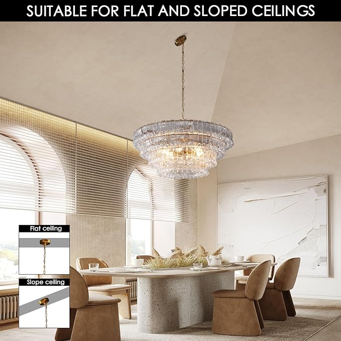 Clear Glass 36 inch Round Chandelier for Dining Room, Modern Drum Pendant Light Fixture with Crystal Glass, Gold Large Ceiling Light Perfect for Living Room, Bedroom