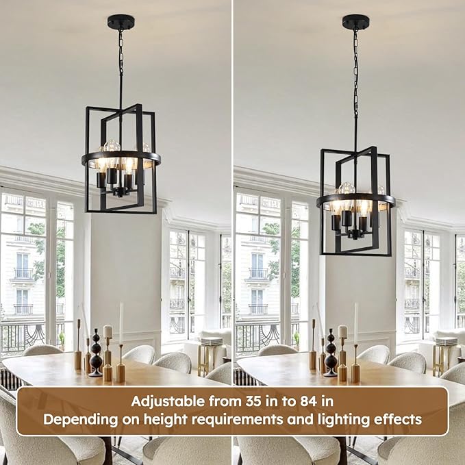 12.6"Black Chandelier for Dining Room, 4-Light Modern Farmhouse Chandelier with Geometric Cage Adjustable, Foyer Lighting Fixtures Rustic Pendant Lights for Kitchen Entryway Hallway Living Room