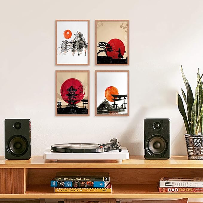 YUMKNOW Japanese Art Wall Decor - Unframed 8x10 Set of 4, Modern Minimalist Asian Oriental Decor for Living Room, Samurai Armor Warriors Prints Posters for Bedroom, Japan Red White Art Office Gifts