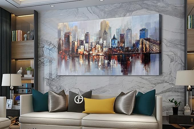 Arjun Brooklyn Bridge Wall Art for Living Room, Modern New York City Abstract Cityscape Canvas Painting, NYC Skyline Textured Picture Bedroom Artwork Home Office Wall Decor Extra Large Framed 58"x29"