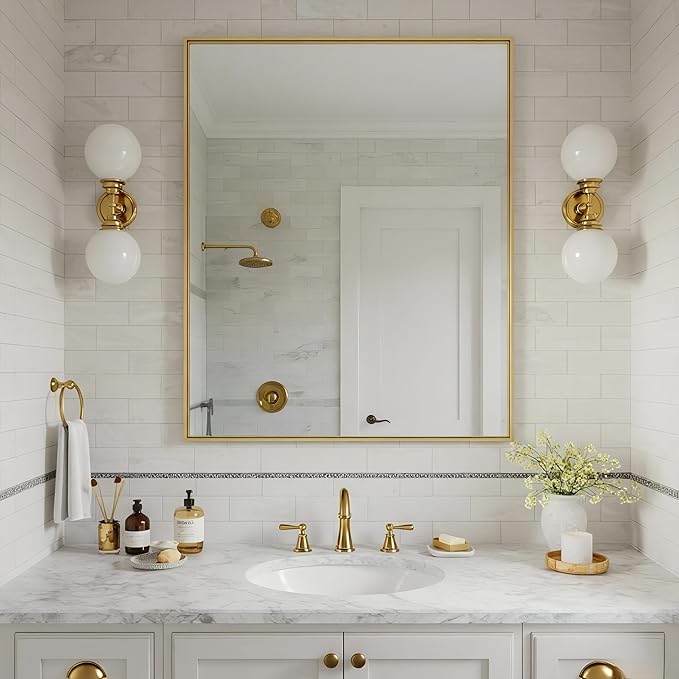 24x30 Inch Brass Bathroom Mirror for Wall, Aluminum Frame Rectangle Rectangular Vanity Mirror, Modern Large for Bedroom, Living Room, Horizontal or Vertical