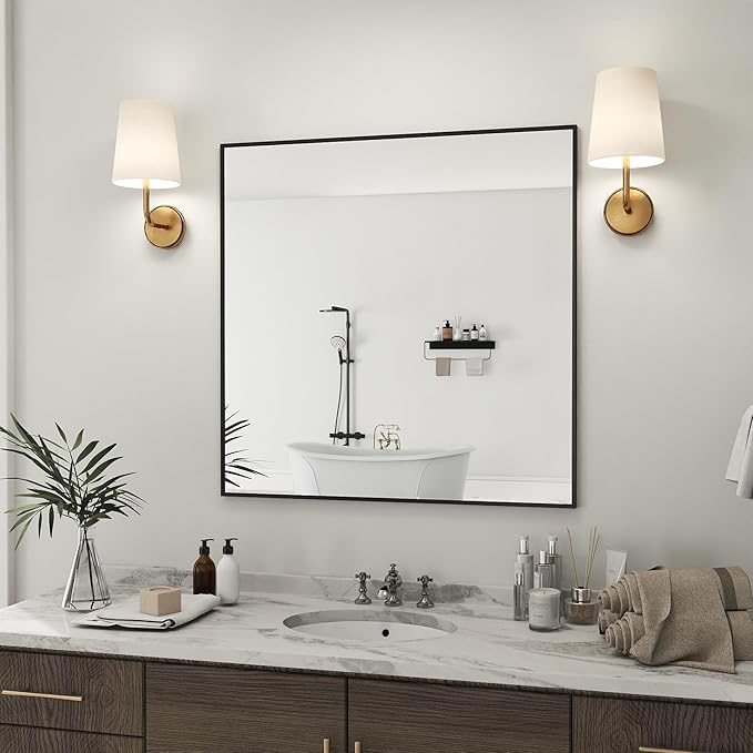 Black Metal Framed Bathroom Mirror, 36x36 Inch Square Rectangle Wall Mirror, Matte Black Modern Vanity Mirror, Anti-Rust, Tempered Glass, Shatter-Proof, Easy to Install Vertically/Horizontally