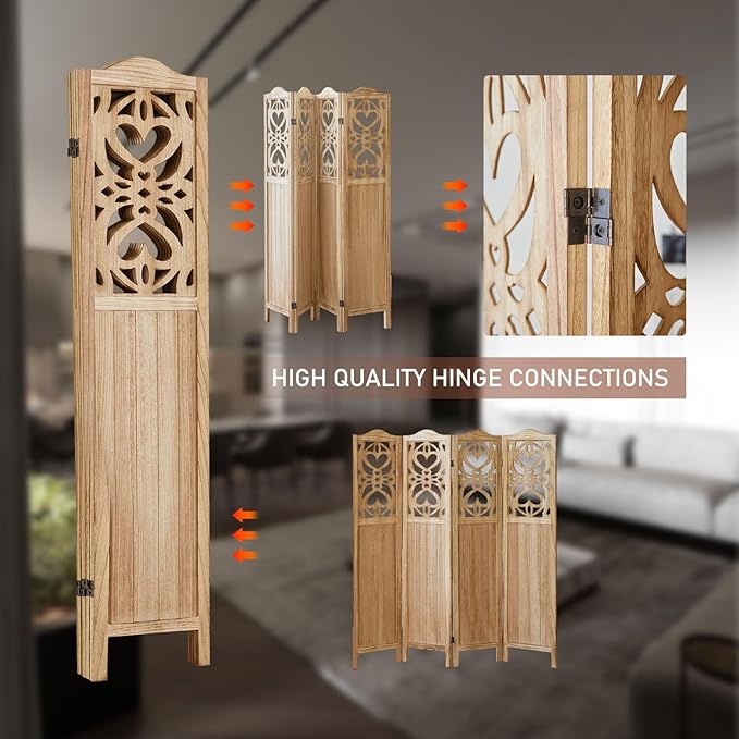 4 Panel Room Divider Fully Assembled, Carved Room Dividers and Folding Screens, 5.6Ft Wood Room Divider Screen Freestanding Partition Wall Dividers for Home Bedroom Office, Rustic Wood Color