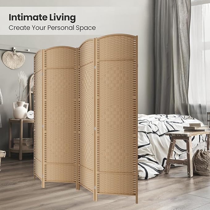 6 ft. Tall Room Divider and Folding Privacy Screen, Weave Fiber Foldable Panel Wall Divider with Diamond Pattern Weaved & 4 Panel Room Screen Divider Separator, Freestanding Room Divider