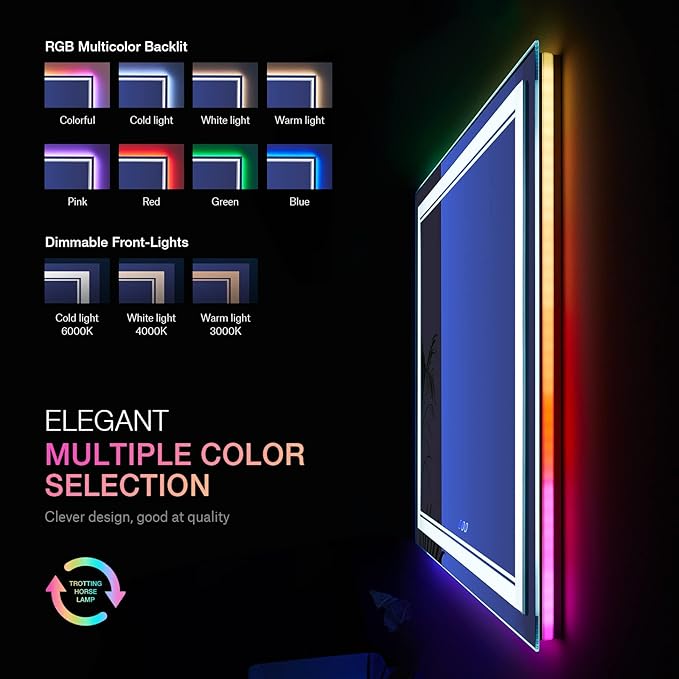 36x36 inch Lighted Bathroom Mirror for Wall,Front Lighted and RGB Backlit LED Bathroom Mirror with Lights,Tempered Glass/Dimmable/Anti-Fog/Square Mirror
