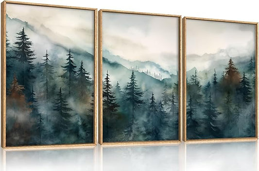 KAIRNE Watercolor Misty Forest Framed Canvas Wall Art Set, Nature Landscape Wall Decor, Foggy Mountain Pine Trees Wall Painting, Jungle Scenery Artwork for Living Room, Bedroom, Office - 16"x24"x3