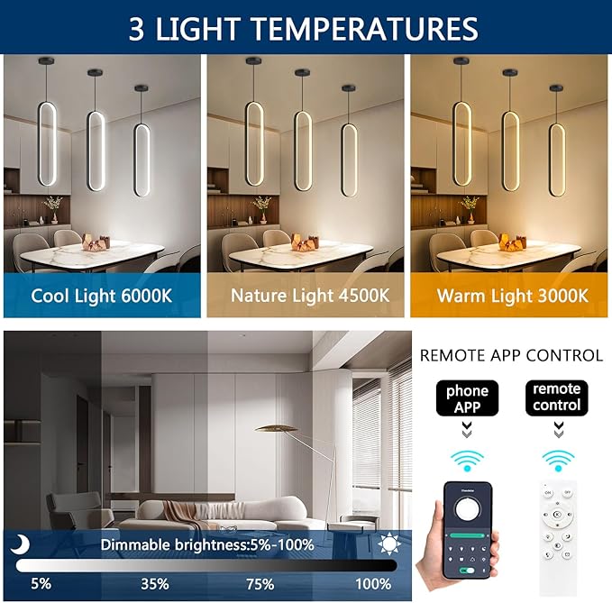 Modern Ring Chandelier LED Dimmable Ceiling Light for Living Room Kitchen Island Staircaes Black