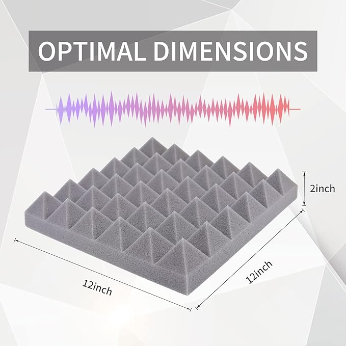 Musfunny Sound Proof Foam Panels, 12 Pcs 2" x 12" x 12" Acoustic Foam Panels Sound Absorbing Wall Panels for Studio Recording Office Home Studio (Gray)