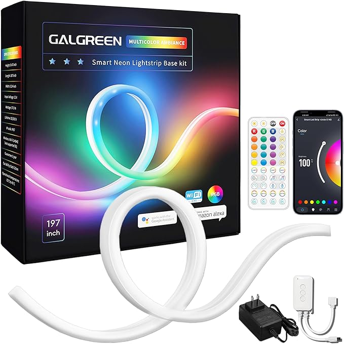 16.4ft WiFi RGB Rope Lights with Music Sync, Waterproof Flexible Dimmable Smart LED Strip Lights for Bedroom with Remote and Adapter, Compatible with Alexa, Indoor Outdoor Decor