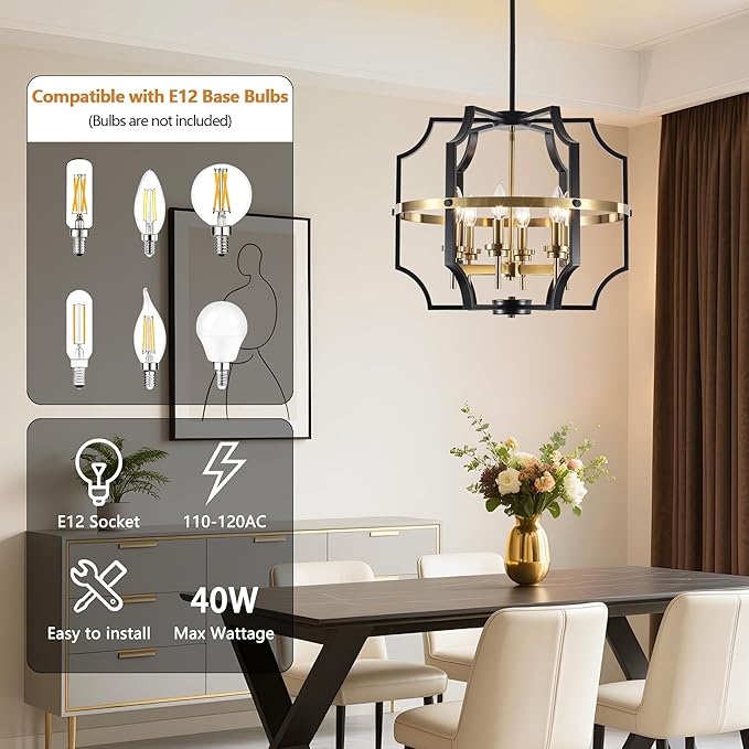 19.7'' Black and Gold Chandelier for Dining Room, 6-Light Farmhouse Industrial Chandelier Adjustable Modern Geometric Pendant Lights for Living Room Kitchen Entryway Foyer Hallway