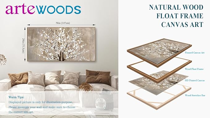 arteWOODS Framed Canvas Wall Art Plum Blossom Flowers Canvas Pictures for Living Room Bedroom Wall Decor Abstract Elegant Floral Canvas Art Prints Artwork Home Office Wall Decoration 29" x 58" Natural