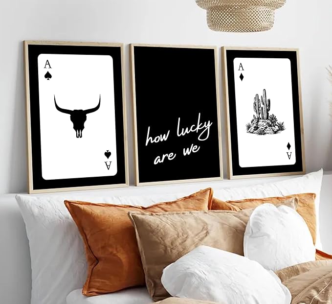 3Pcs Black and White Western Wall Art Country Southwest Canvas Poster Vintage Poker Ace Picture Cactus Bull Skull and How Lucky We Are Painting for Bedroom Living Room 12x16in Unframed