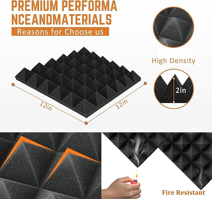 12 Pack Soundproof Wall Panels, Saiqiang Acoustic Foam 2" x 12"x 12" Sound Panels Acoustic Panels Sound Absorbing Black Sound Proof Panels for Walls Pyramid Soundproofing Studio Foam