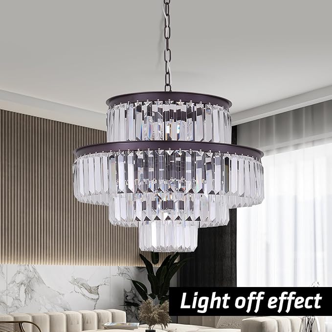Modern Crystal Chandelier 20" Brown Round Pendant Light, 4-Tier Luxury Ceiling Light Fixture with Clear Prisms for Dining Room Living Room Foyer