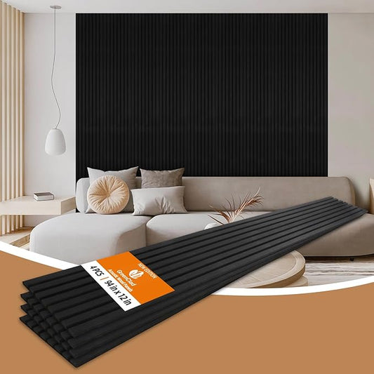 Acoustic Wood Slat Wall Panels - Ebony Soundproof Paneling for Interior Wall Decor, Modern Design, 94" x 12", 4-Pack