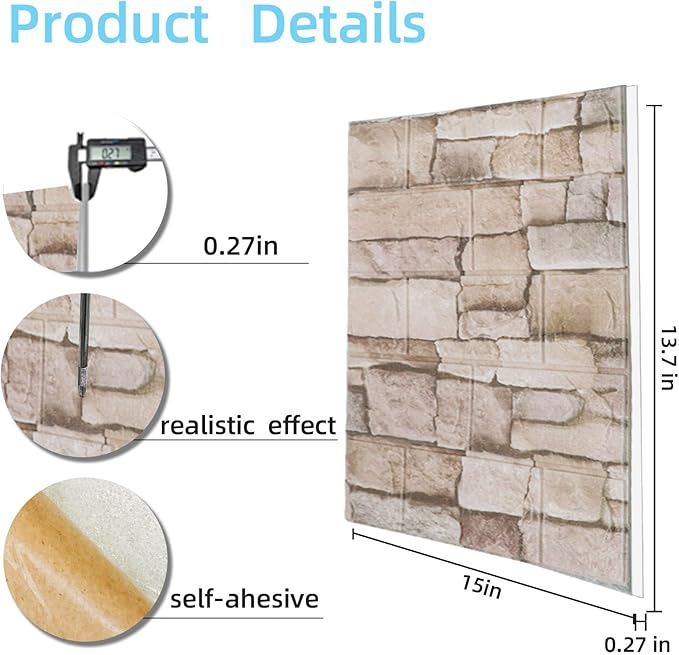3D Wall Panels Peel and Stick in Rock, 20 PCS XPE Foam 3D Wallpaper, Faux Brick Wall Panels for Bedroom, Stairs, Kitchen