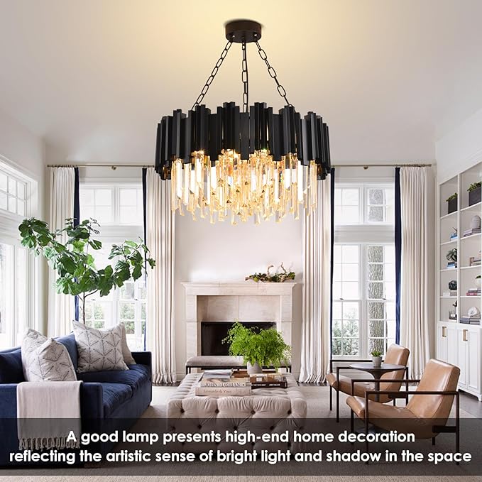 Black Crystal Chandelier Modern Crystal Chandelier for Dining Room Living Room 9-Light Round Contemporary Chandeliers Ceiling Hanging Pendant Light Fixture for Entryway Foyer Bedroom Staircase W22"