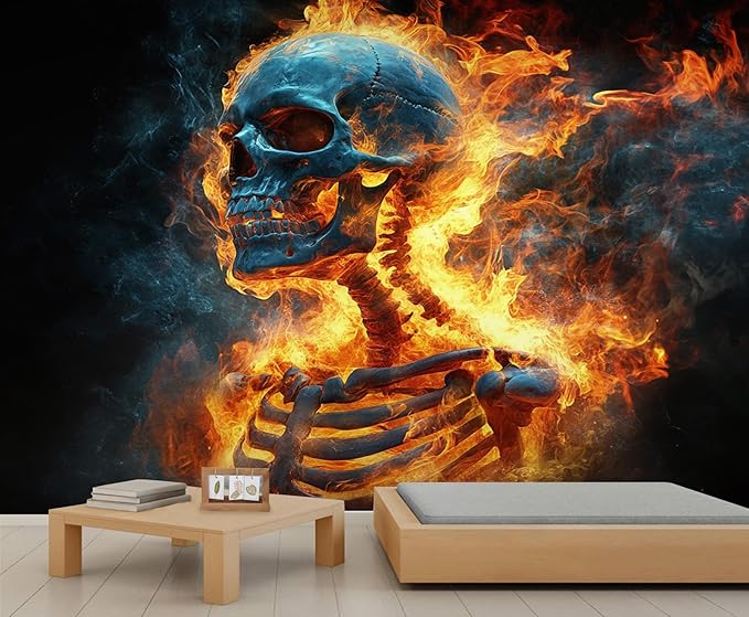 Blue Skull Wall Murals, Orange-Red Flame Mural Wallpaper, Dark Gradient Wall Decor, Skeleton Mural for Bedroom, Fantasy Dark Wallpaper for Living Room 181"（W） x 110"（H）