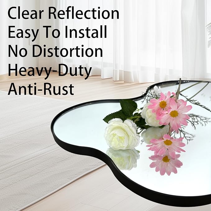 Black Irregular Mirror, Asymmetrical Mirrors, 46.5"x24" Wall Mirror Decorative, Modern Wavy Shaped Mirrors for Living Room Bathroom Bedroom Hallway Entryway Fireplace