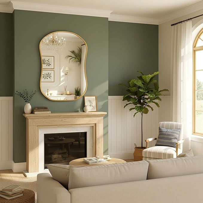 Asymmetrical Wall Mirror 24 * 32 Gold Irregular Abstract Shatter-Proof Aluminum Alloy Decorative Wavy Framed Makeuop Mirrors for Bathroom, Bedroom, Cloakroom, Entryway