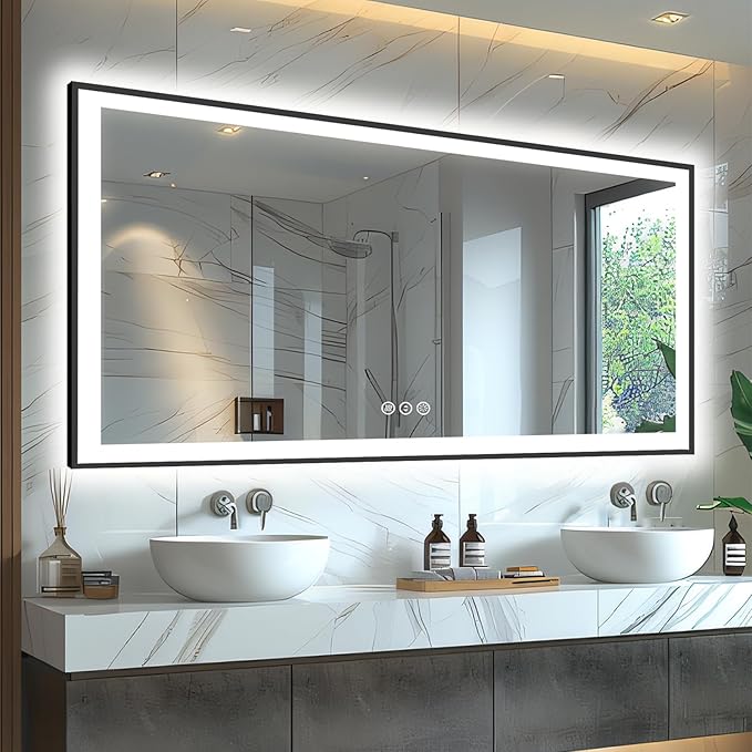 60x30 Lighted Bathroom Mirror, Wall-Mounted, Black Rim Mirror, Vanity(Front and Backlit), Stepless Dimmable CRI90+, Anti-Corrosion, Anti-Rust, Touch Sense, Memory(Horizontal/Vertical)