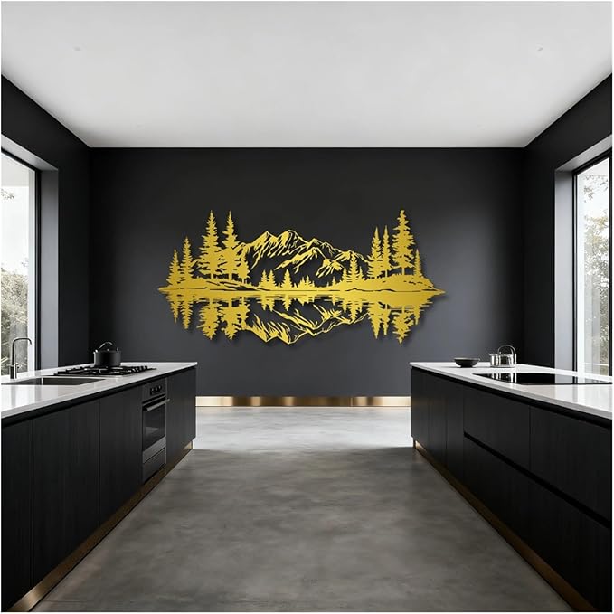 Mountain View Metal Wall Art,Nature Landscape Home Decor with Reflection,Black Iron Sculpture for Bedroom Garden Living Room Outdoor Office(White,30 x14 in/76x35 cm)