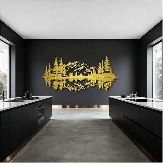 Mountain View Metal Wall Art,Nature Landscape Home Decor with Reflection,Black Iron Sculpture for Bedroom Garden Living Room Outdoor Office(Gold,35 x17 in/90x42 cm)