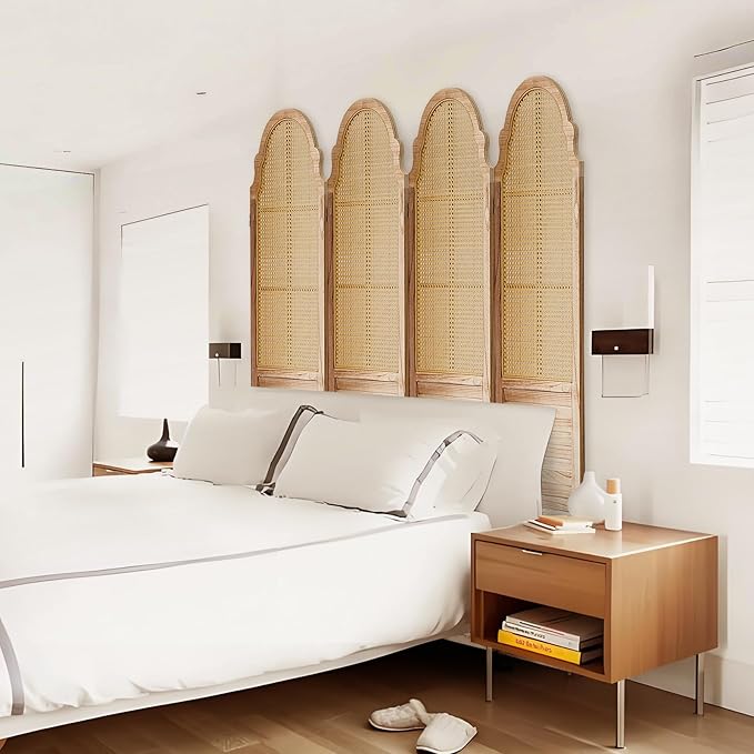 4 Panel Rattan Room Divider, 6 FT Tall Portable Partition Solid Wood Frame Folding Privacy Screen, Partition Room Divider Ideal for Bedroom Living Room Office, Light Brown