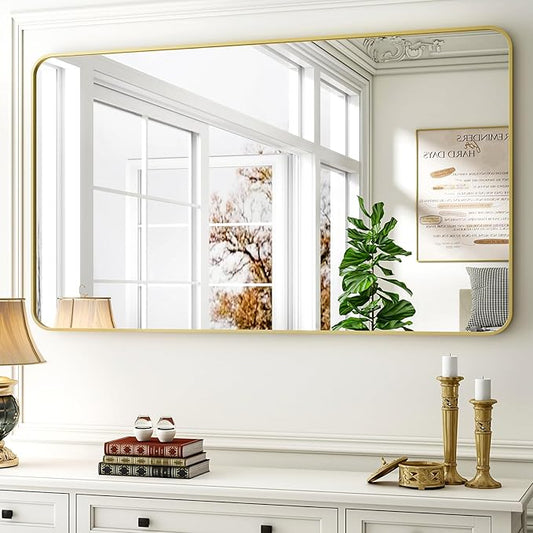 30 x 48 Inch Bathroom Mirror, Rounded Rectangular Vanity Mirror for Wall, Modern Mirror for Room Decor, Gold Framed Wall-Mounted Mirrors for Home Decor, Hangs Horizontally or Vertically
