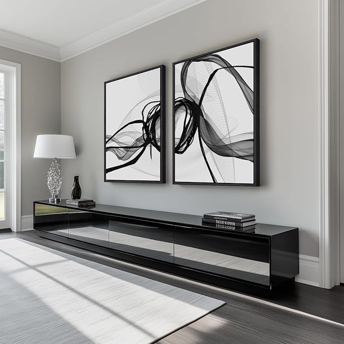 Large Framed Black and White Abstract Wall Art for Living Room, Set of 2 Modern Canvas Prints Paintings Artwork for Walls, Minimalist Lines Pictures for Dining Room Bedroom Office Wall Decor 24x36 In