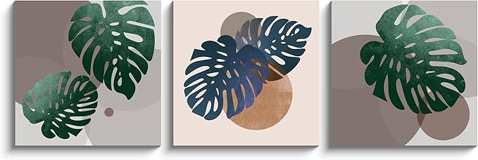 NAN Wind 3Pcs Tropical Leaf Wall Art Palm Frond and Foliage Canvas Print with Bold Orange Teal Yellow Shapes Mid-Century Modern Botanical Plant Pictures for Boho Living Room Bedroom Office Wall Decor