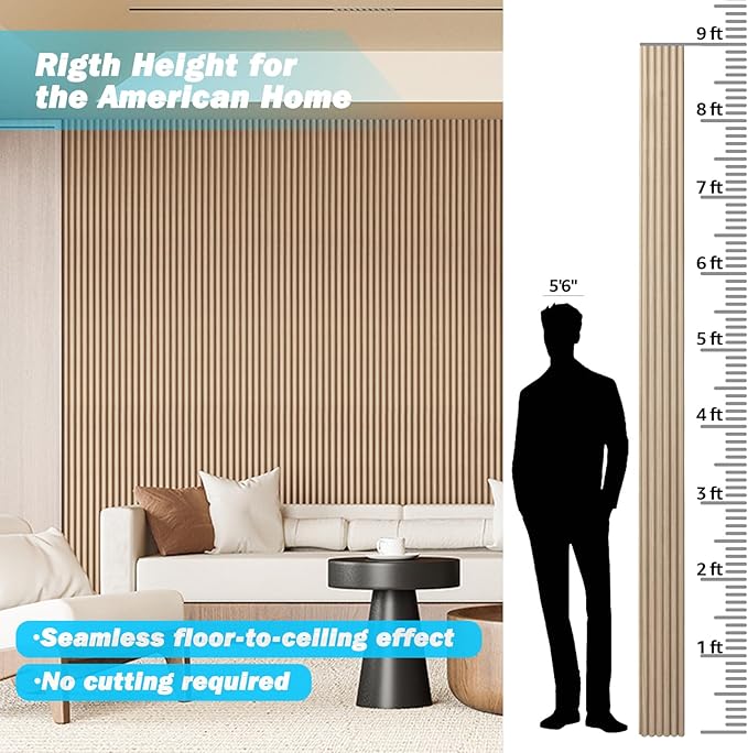 Art3d Fluted Wood Panel for Wall and Ceiling, Beaded Accent molding for Home Decoration, Pack of 4pcs + 1pc End-Trim, Size 108 x 5.7in.- Beaded Ashtree