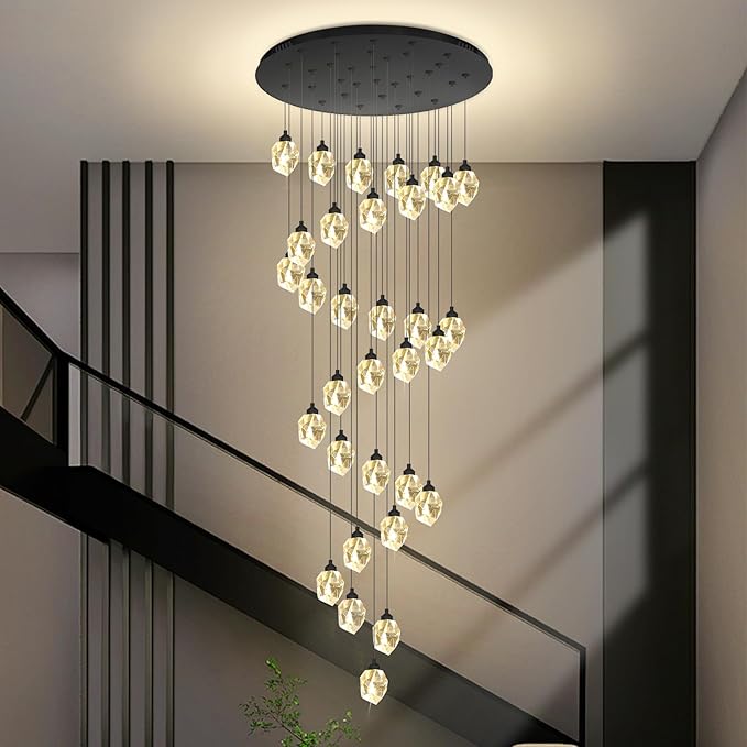 Large Black Staircase Chandelier 150 inch Long Crystal Chandelier for High Ceiling Entrance Crystal Ceiling Lighting LED Dimmable 3000-6000K 32 Light