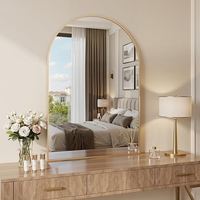 Antok Wall Mirror, 24"x36" Bathroom Vanity Mirror, Anti-Rust HD Tempered Glass, Wall Mounted Mirrors for Living Room, Entryway, Gold Frame, Arched