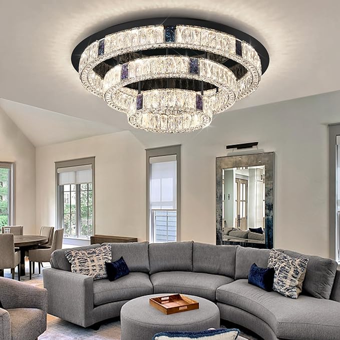 32'' Modern Flush Mount Crystal Chandelier for Living Room Round Ring Chandelier Black 3-Tier Crystal Ceiling Light for Dining Room Kitchen Bedroom Dimmable Lighting