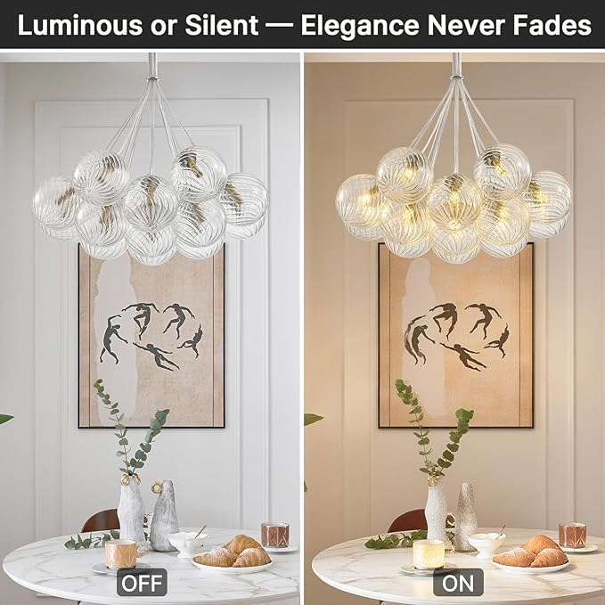 Modern Nickel Glass Bubble Chandelier: 23.6" Large Dining Room Light Fixture - Nordic Swirled Clear Glass Ball Chandelier - Globe Ball Chandeliers for Kitchen Living Room Bedroom Bathroom Entryway