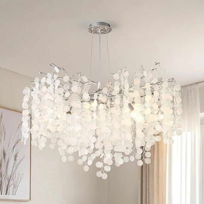 32 Inch Modern Tree Branch Light Fixture, 10-Light Large Contemporary Bedroom Chandeliers, Hanging Round Coastal Chandeliers for Dining Room Foyer Living Room, Silver