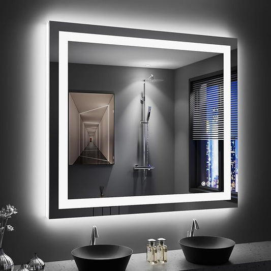 LOAAO 40"X36" LED Bathroom Mirror with Lights, Anti-Fog, Dimmable, Backlit + Front Lit, Lighted Bathroom Vanity Mirror for Wall, Memory Function, Tempered Glass, Shatter-Proof, ETL Listed