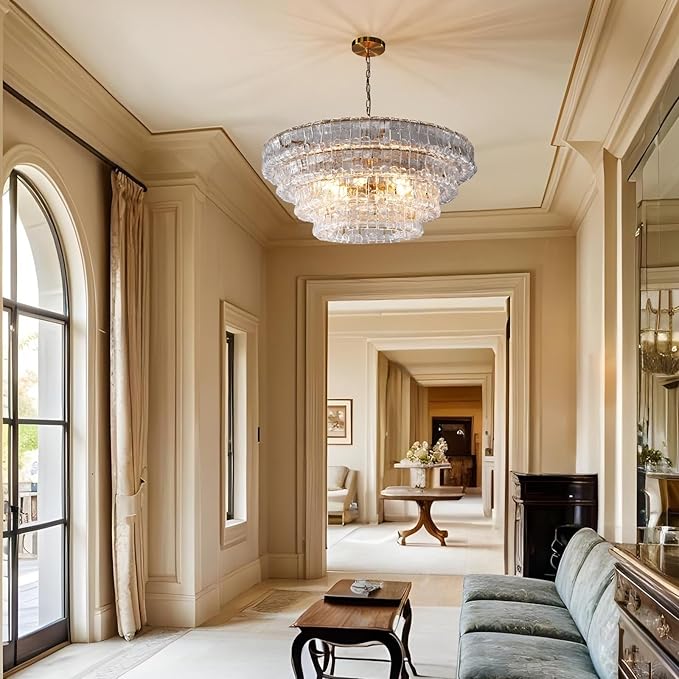 Clear Glass 36 inch Round Chandelier for Dining Room, Modern Drum Pendant Light Fixture with Crystal Glass, Gold Large Ceiling Light Perfect for Living Room, Bedroom