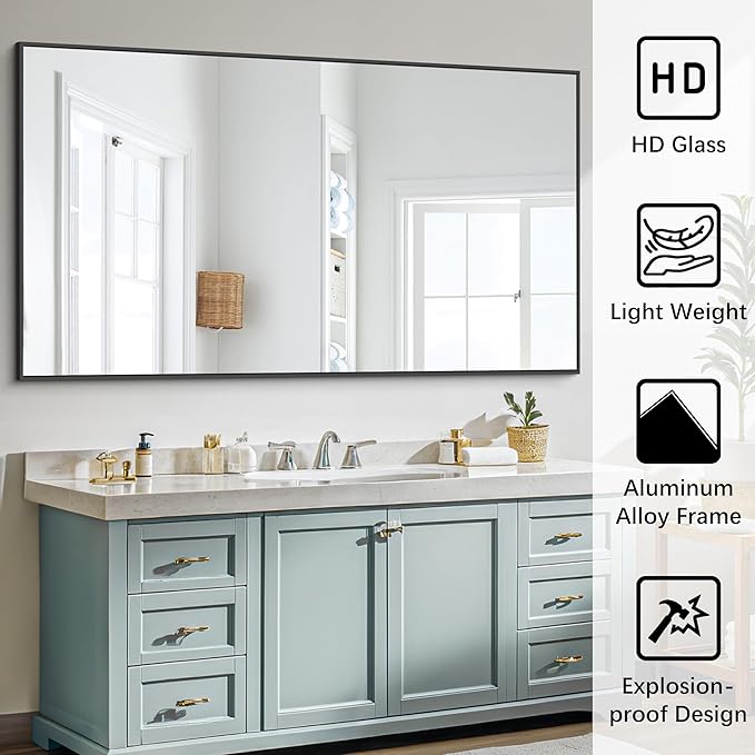 Black Bathroom Mirror for Wall, 30x48 Inch Rectangle Mirrors with Metal Frame, Modern Vanity Wall Mirror Decor for Bathroom Living Room, Entryway Hangs Horizontal or Vertical