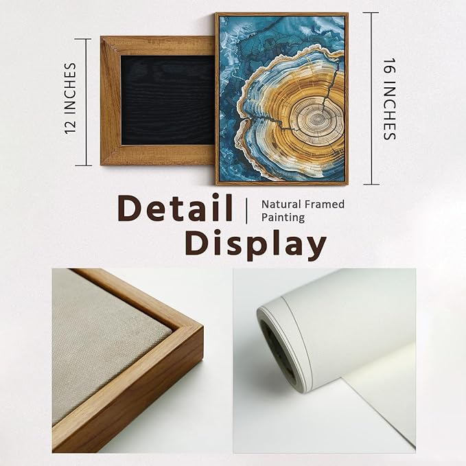 BingruiArt Framed Tree Ring Canvas Wall Art Abstract Wood Wall Decor Boho Modern Colorful Nature Painting Wood Stump Prints Pictures for Living Room Bedroom Bathroom Office 12"x16" Natural Framed(07)