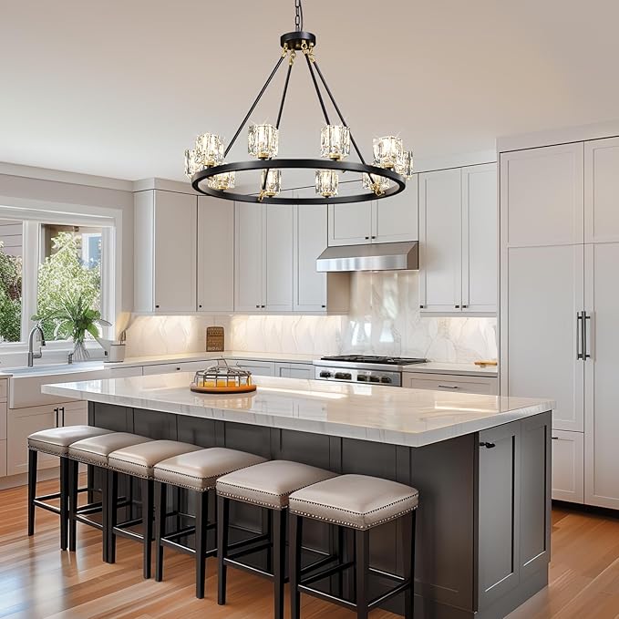 Black Wagon Wheel Chandelier,10-Lights Crystal Chandeleirs with Adjustable Height, Dining Room Light Fixture, Hanging Lights for Kitchen Island, Living Room, Bedroom, Entryway, G9 Base