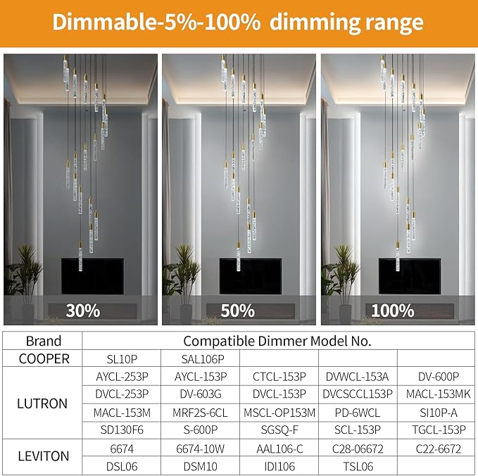 18-Light Modern Living Room Chandelier Gold Brass Finish Crystal Ceiling Pendant Lights LED Dimmable 108W 6000K Staircase Large Chandeliers for Entryway Lobby Foyer High Ceiling Chandeliers