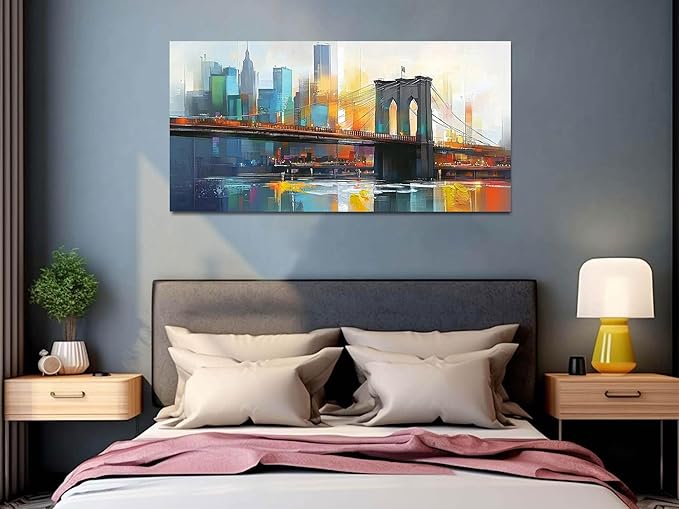 Arjun Cityscape Wall Art New York City Canvas for Living Room Painting Brooklyn Bridge Manhattan Bedroom Wall Art for Men Modern Blue Picture Grey Artwork Large Framed Home Office Wall Decor 40"x20"