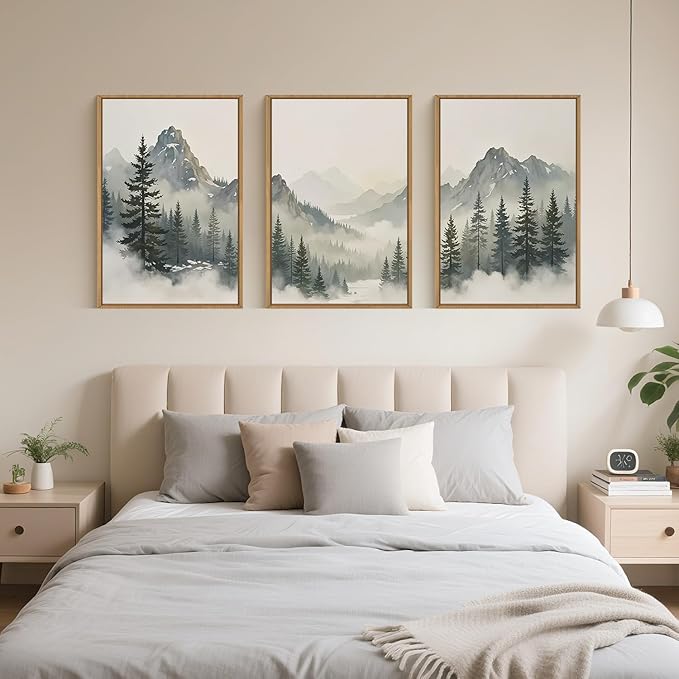 Large Nature Foggy Mountain Pine Trees Framed Canvas Wall Art, Misty Forest Landscape Wall Decor,Watercolor Woodland Scenery Artwork,Modern Art Print for Living Room, Bedroom, Office- 16"x24"x3