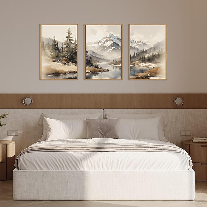 Ausril Watercolor Misty Mountain Framed Canvas Wall Art Set, Foggy Pine Tree Wall Decor, Winter Landscape Wall Painting, Nature Snowy Scene Art Print for Living Room, Bedroom, Office - 16"X24"X3
