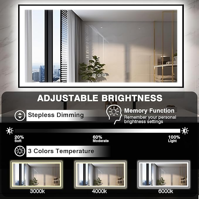 72x40 Large LED Bathroom Mirror with Lights -Black Aluminum Rimmed (Front and Backlit),Fogless Mirror with Lights,Stepless Dimmable Lighted Mirror,3 Colors Smart Mirror(Horizontal/Vertical)