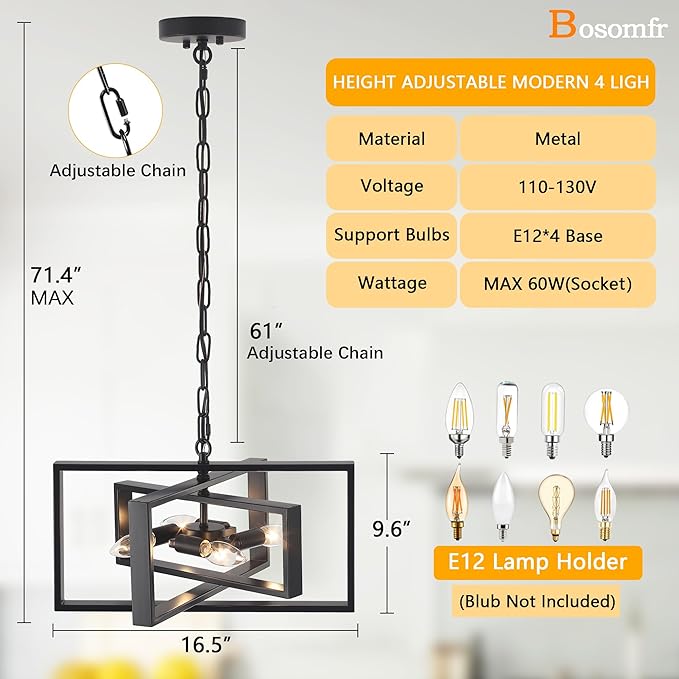 16.5'' Farmhouse Chandelier 4-Light, Black Modern Light Fixture Cross Chandeliers for Dining Room Kitchen Island Bedroom, Rectangular Metal Pendant Light Fixture for Living Room