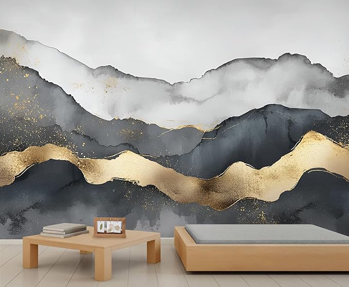 Black Gold Mural Wallpaper, Modern Fashion Marble Murals, Abstract Gradient Art Murals, Large Wallpaper for Living Room Bedroom Kids Room Home Decor Mural (Not Peel Stick)