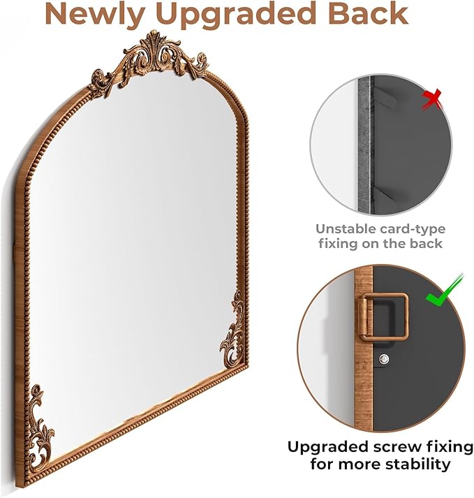 Arched Gold Wall Mirror, 36"X30" Antiqued Baroque Brass Fireplace Mirror Decor, Victorian Vintage Mirror with Metal Frame&Art Carved, for Entryway/Bedroom/Bathroom/Mantle/Hallway